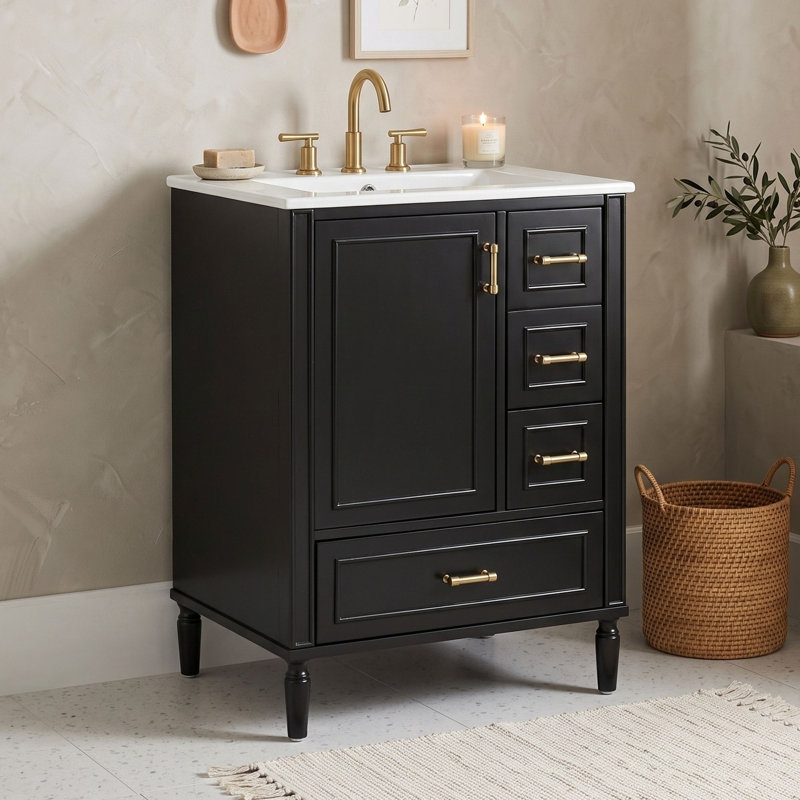 Meuble-lavabo autoportant peu encombrant avec lavabo en céramique, charnières à fermeture douce et tiroirs de rangement, Noir