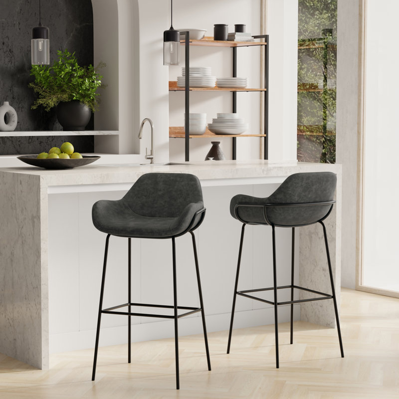 Mira Distressed Slate Grey Faux Leather Bar Stool with Metal Frame