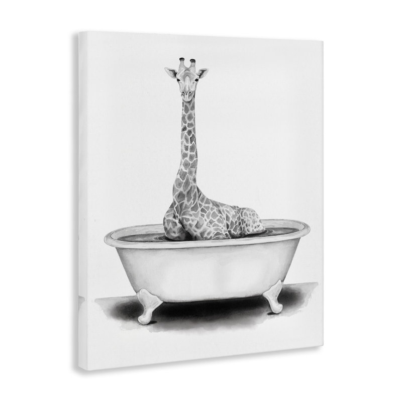 Giraffe in a Tub Funny Animal Bathroom by Rachel Neiman - Floater Frame Print on Canvas, 30" H x 24" W