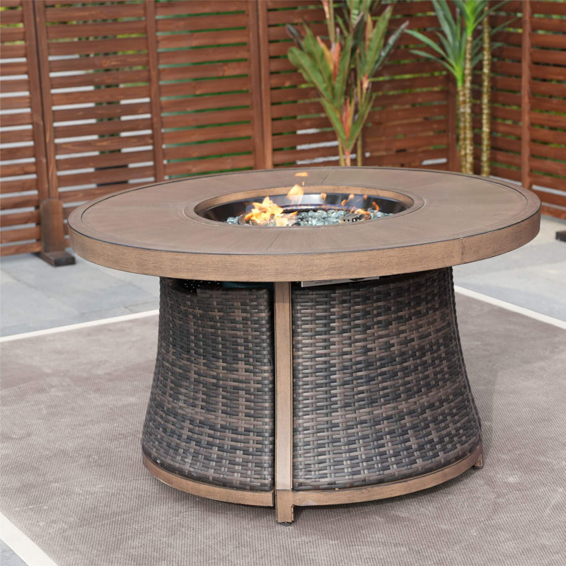 Table de foyer d'extérieur ronde au gaz 42 po - Base en aluminium et base en rotin