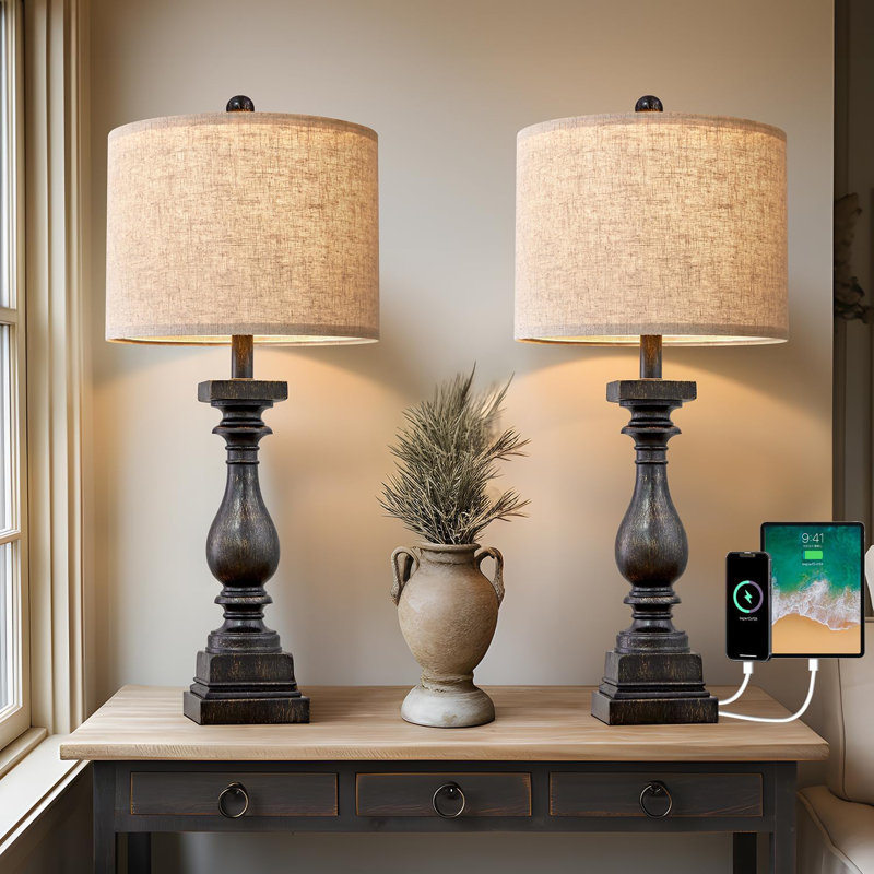 27" Farmhouse Table Lamps With USB-A +C Ports, Vintage Rustic Side Table Lamps Set Of 2, Linen Shade, Retro Bedside Night Stand Lamps For Living Room, Bedroom, Office, Home Decor