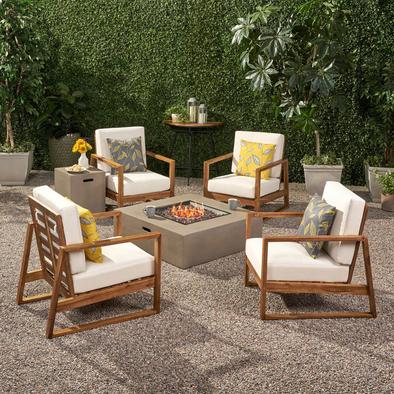 Acacia 4 - Person Patio Conversation Set with Cushions, Teak/Light Gray Frame / Beige Cushion