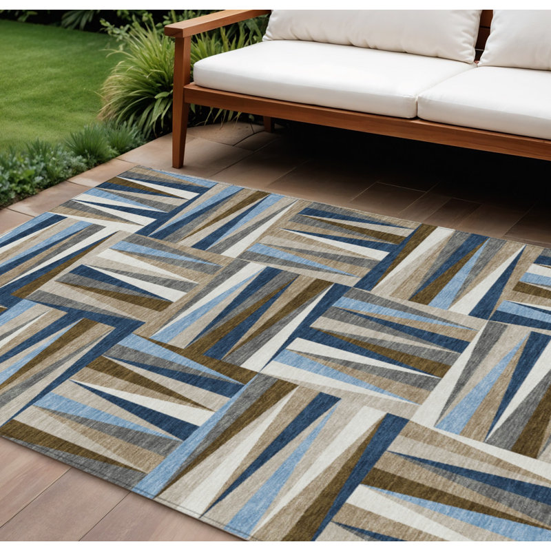 Tapis extérieur lavable à motif géométrique 10 pi x 14 pi bleu marine, brun et beige