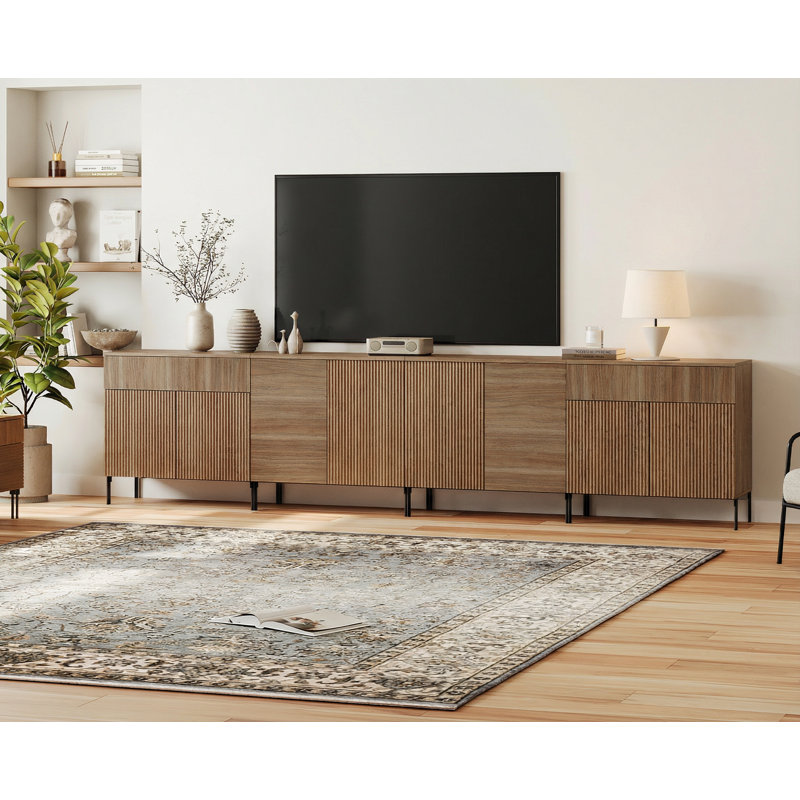 126" W Reeded TV Stand with Charging Station, Walnut