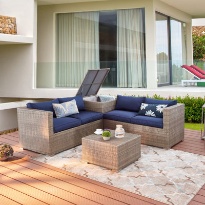 Ensemble modulaire d'extérieur en osier 4 pièces avec coussins bleus PE