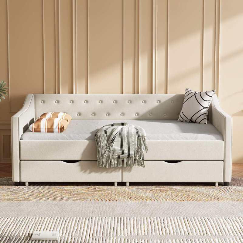 Twin Size Upholstered Tufted Daybed With Storage Drawers, Button-Tufted Back And Piped Waved Arms Sofa Bed, Twin, Beige