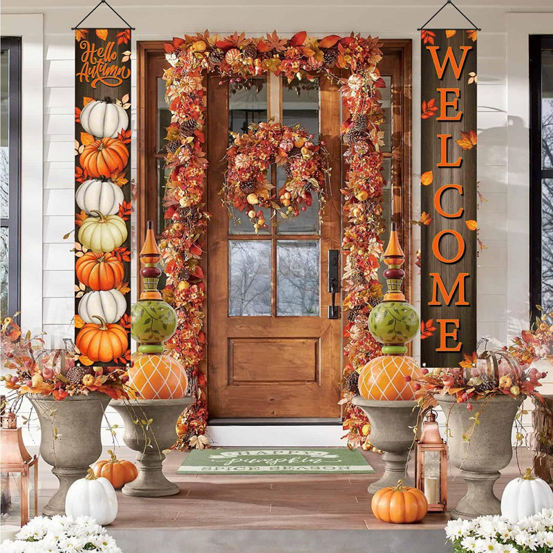 Citrouille, feuilles d'érable, feuilles, décorations d'automne, porche, bannière, automne, automne, décorations de l'Action de grâce, tableau, décoration murale