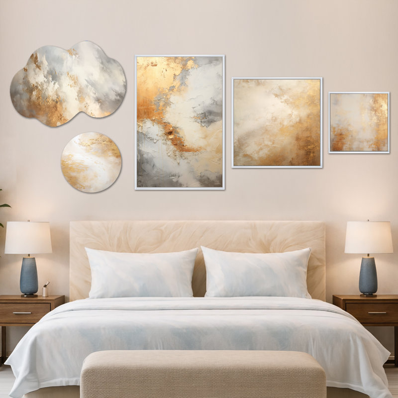 Ensemble de 5 pièces d'art mural abstrait surdimensionné beige et doré Minimalisme «Storms I» (100 po x 40 po)