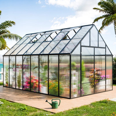 Serre en polycarbonate de 10 pi x 16 pi avec cadre en aluminium, porte verrouillable et fenêtre de ventilation, serre pour l'extérieur