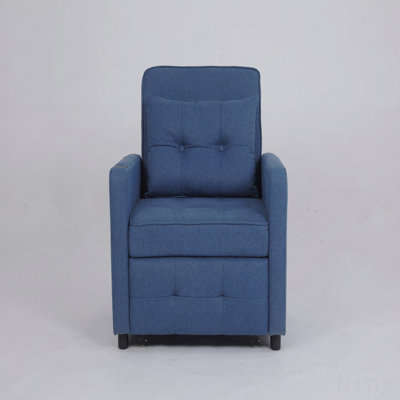 Navy Blue Linen 3-In-1 Reclining Sleeper Chair - USB Ports, Side Pocket, Pull Out Sofa Bed