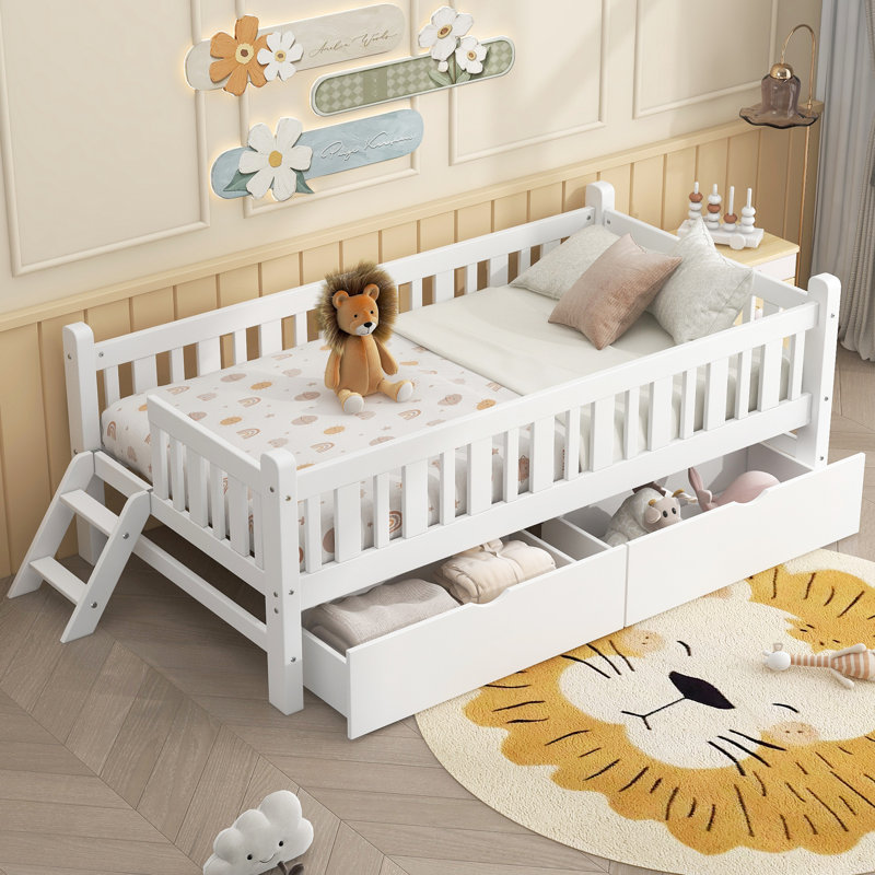 Twin Size, White, Platform Bed, Guardrail, 2 Storage Drawers, High - Quality, Pine Wood + , No Box Spring, Ideal For Small Living Spaces, Easy Assembly Steps Available Twin, Construction, Multiple