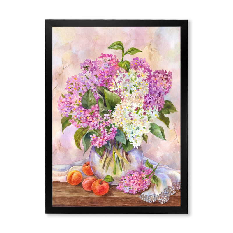 Nature morte avec bouquet de lilas pastel - ferme, art mural sur toile, H 20 po x l 12 po x P 1 po, Cadre photo noir