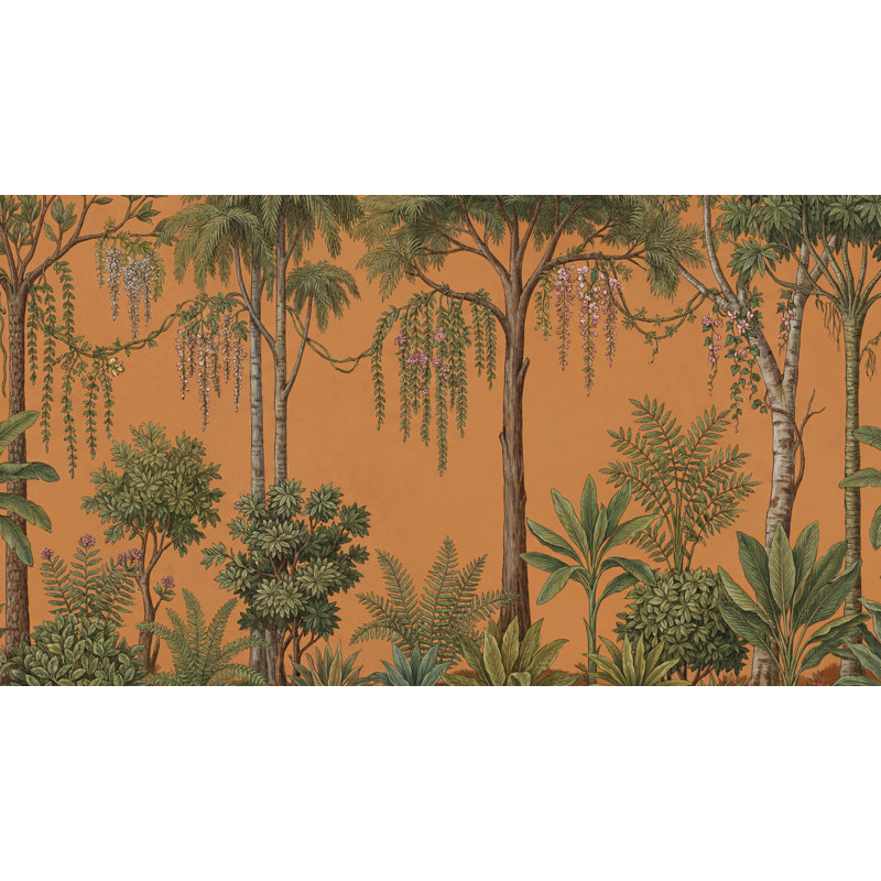 Tropical Botanical Wallpaper Terracotta Background Palm Trees Removable Wall Decor, Non-Woven Nonpasted, 160"x108"