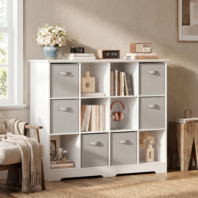 12-Cube Bookcase with 6 Storage Foldable Bins – 48"W