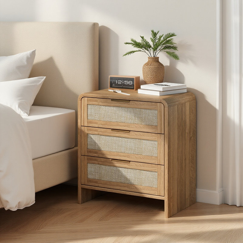 22.8" Wide，rattan 3-drawer Curved Nightstand, Caramel Oak