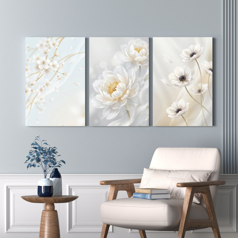 Ensemble de 3 tableaux muraux sur toile tendue, motif floral blanc, pour la décoration du salon et de la chambre.
