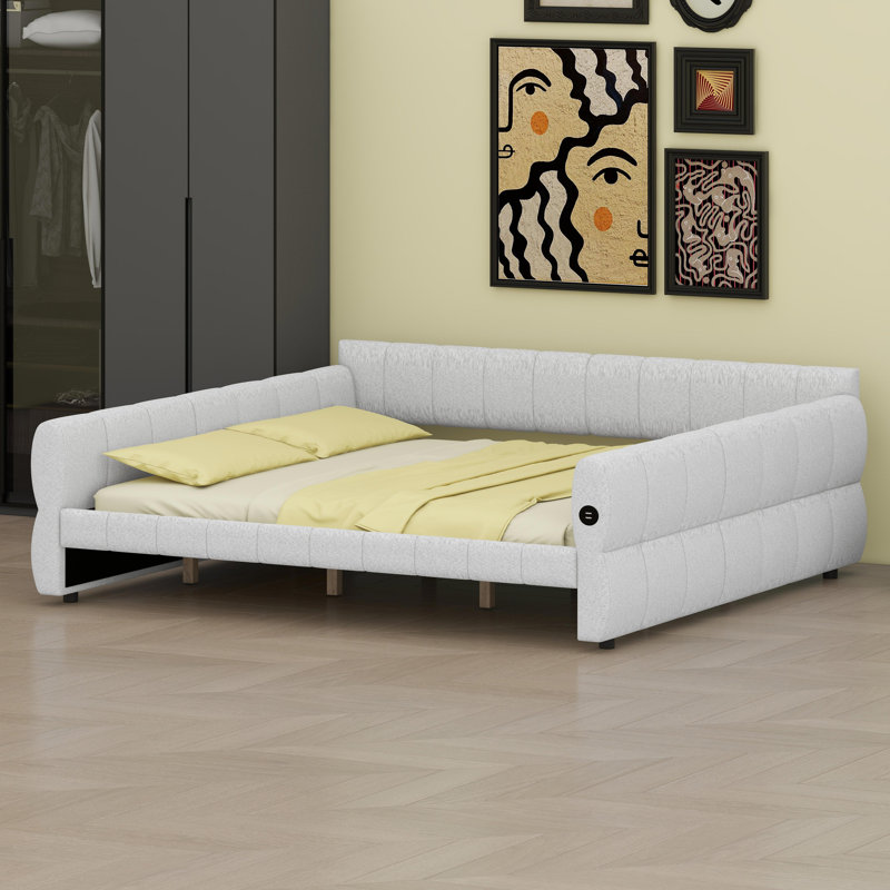 Modern Upholstered Platform Bed with Integrated USB Charging Ports, White
