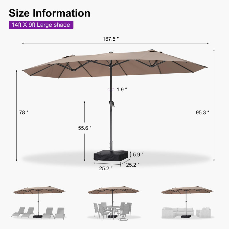 Parasol 14 "pour terrasse de marché avec parasol à double face avec base et manivelle pour table de jardin, Taupe