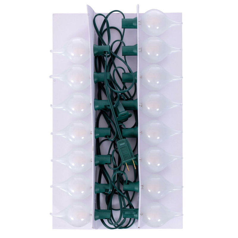15 lights x 15' LED G45 Glass Flame Tip light set. 12" spacing on green wire., White