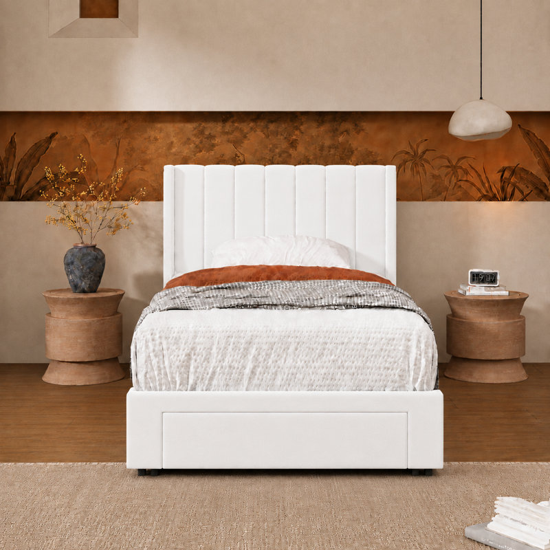 Jeilyn Upholstered Platform Drawer Storage Bed, White, Twin