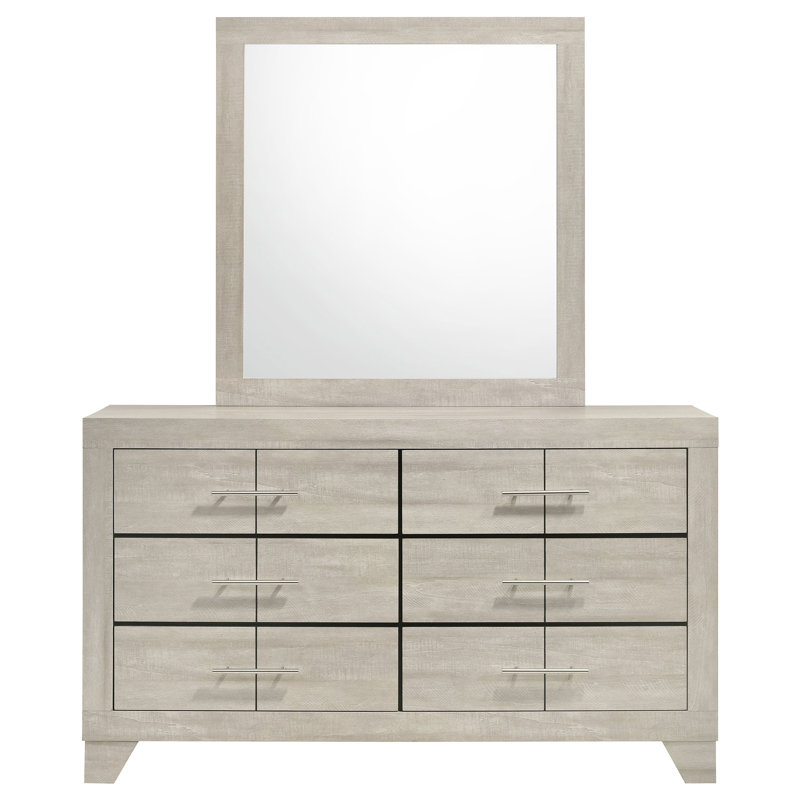 Commode de chambre à coucher à 6 tiroirs Trenton avec miroir rustique crème