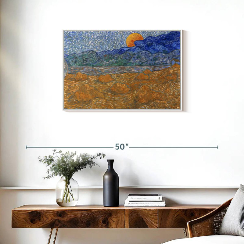 Gerbes de blé et lune montante, 31 po x 21 po, Cadre flottant blanc