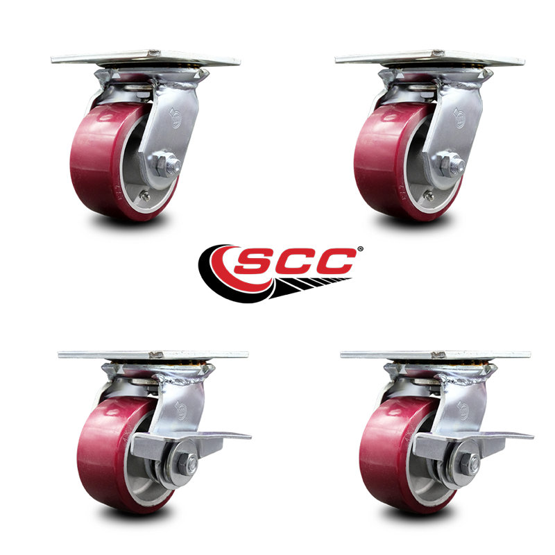 4 Inch Poly on Aluminum Swivel Caster Set with Roller Bearings 2 Brakes SCC