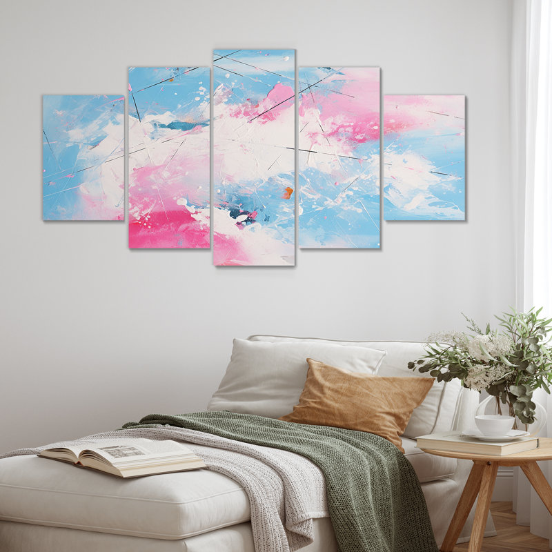 «White Clouds Blue Sky Miami», ensemble d'art mural abstrait 5 pièces, H 32 po x l 60 po