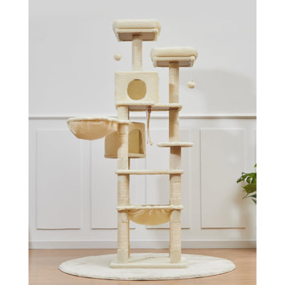 Arbre à chat pour chat, peluche pour chat à plusieurs niveaux avec 12 poteaux à griffer, 2 perchoirs, 2 grottes, hamac, 2 pompons, tableau à gratter pour chats d'intérieur - MS023LM beige