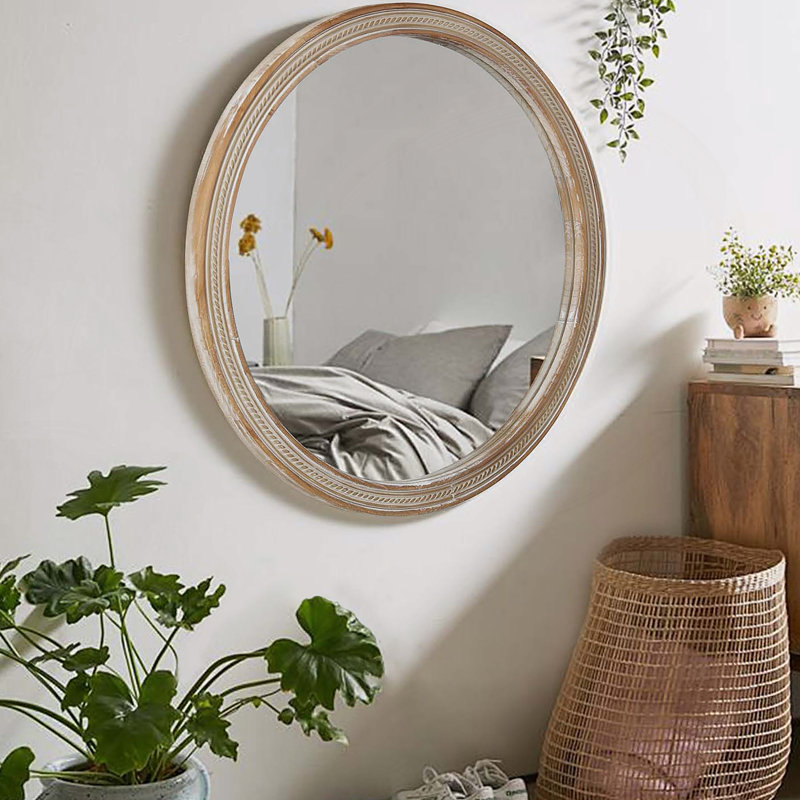 Miroir mural rond rond avec cadre tissé texturé en rotin, décor rustique moderne pour la salle de bain et le salon, conception murale facile