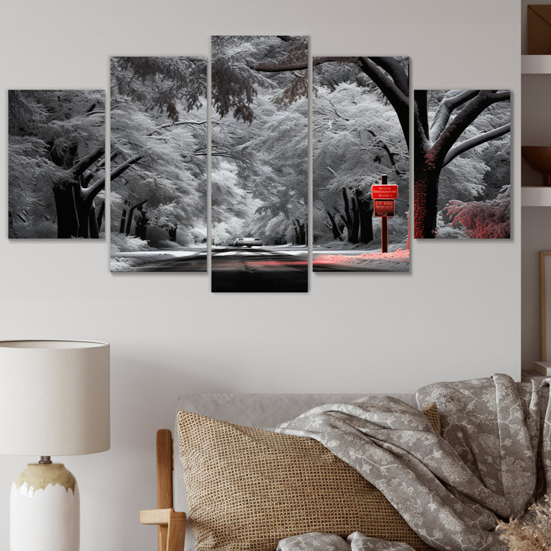 «Red and White Winter Silent Symphony II», art mural sur toile, 5 panneaux