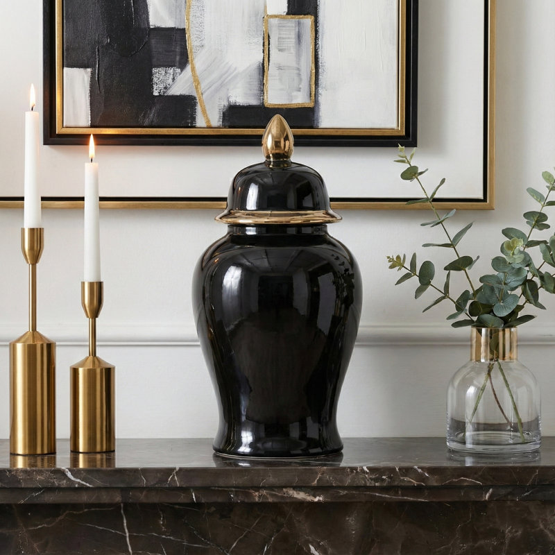 Ellport Sophisticated Ceramic Tall Jar with Lid Accent for Home Decor - Sculptural Table Jar with Silhouette Curve for Shelves Consoles and Tabletop Styling - 18", Black & Gold