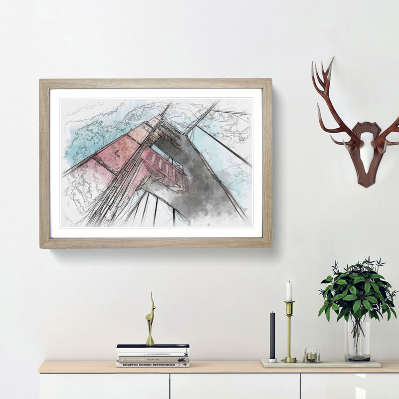 View of the Golden Gate Bridge in San Francisco Sketch - Picture Frame Graphic Art Print, Oak Framed, 36cm H x 48cm W x 2cm D
