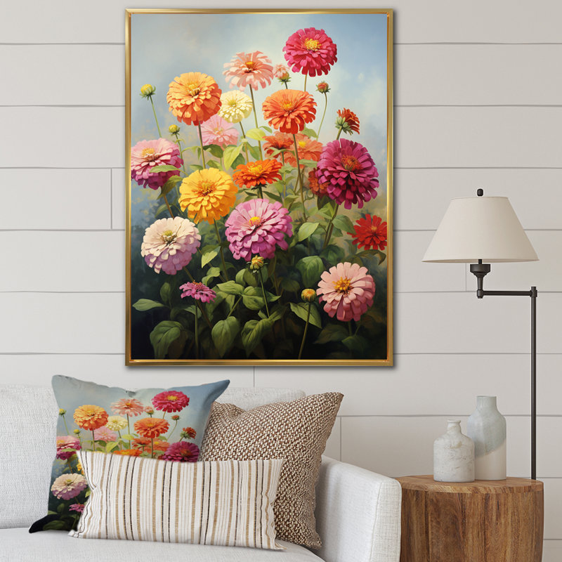 Zinnias Romantic Impression, reproduction d'art sur toile, Cadre flottant doré, 32" H x 16" W