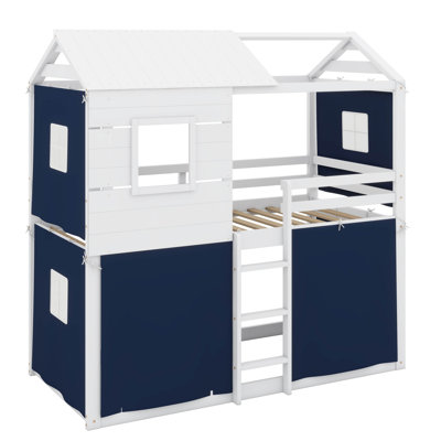 Twin-Sized Wooden Bunk Bed, Cottage-Style Bed With Windows And Play Tent, Low Loft Bed Frame With Secure Guardrail