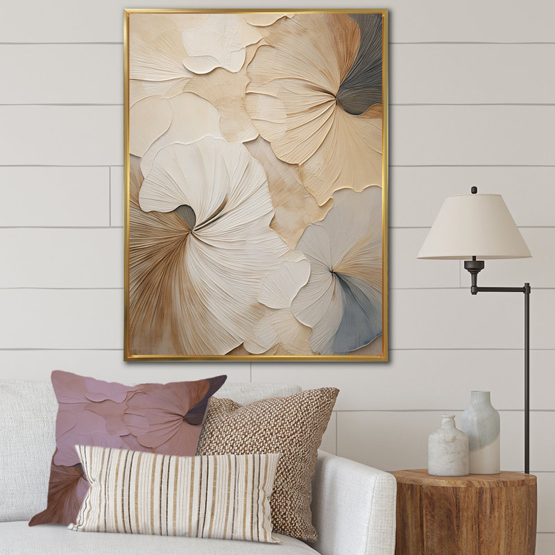 Beige and Gold Minimalist Floral Canvas Print with Frame