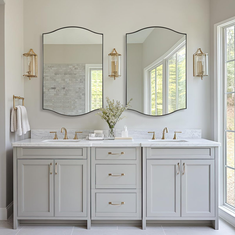 Dual Arch Scalloped Rectangular Bathroom Wall Mirror | Stainless Steel Frame, Brushed Nickel, 36" x 24"