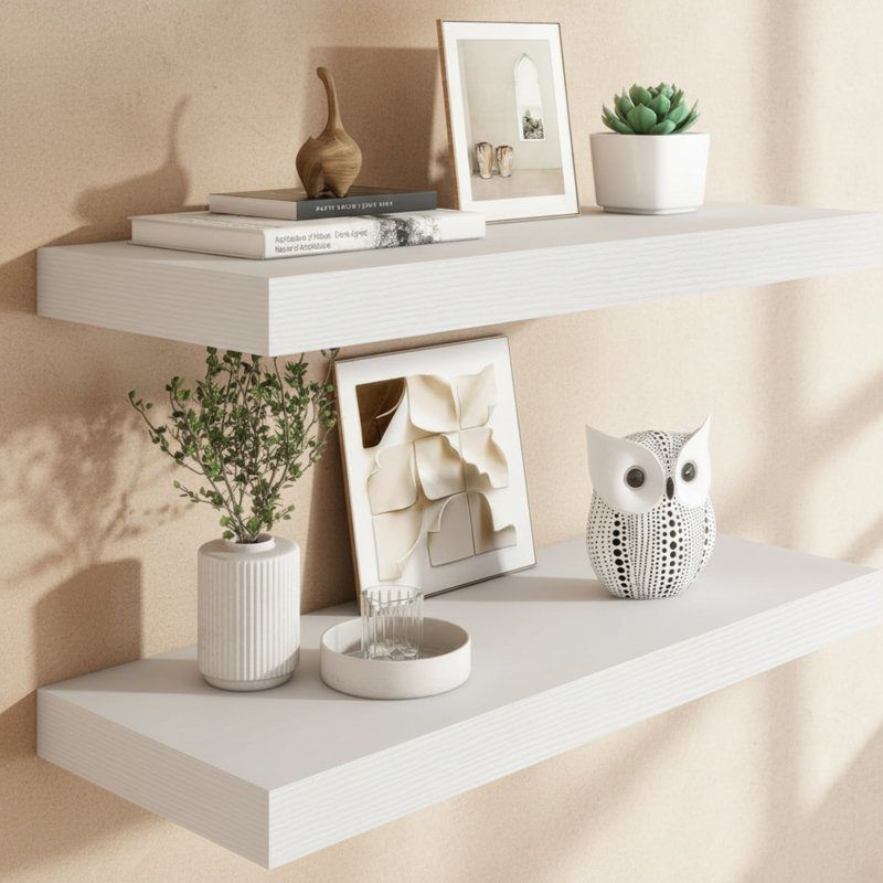 White Floating Wall-Mounted Shelves (2-Pack), With Invisible Brackets, Adaptable To Multiple Spaces, Serving Both Decorative And Storage Purposes.