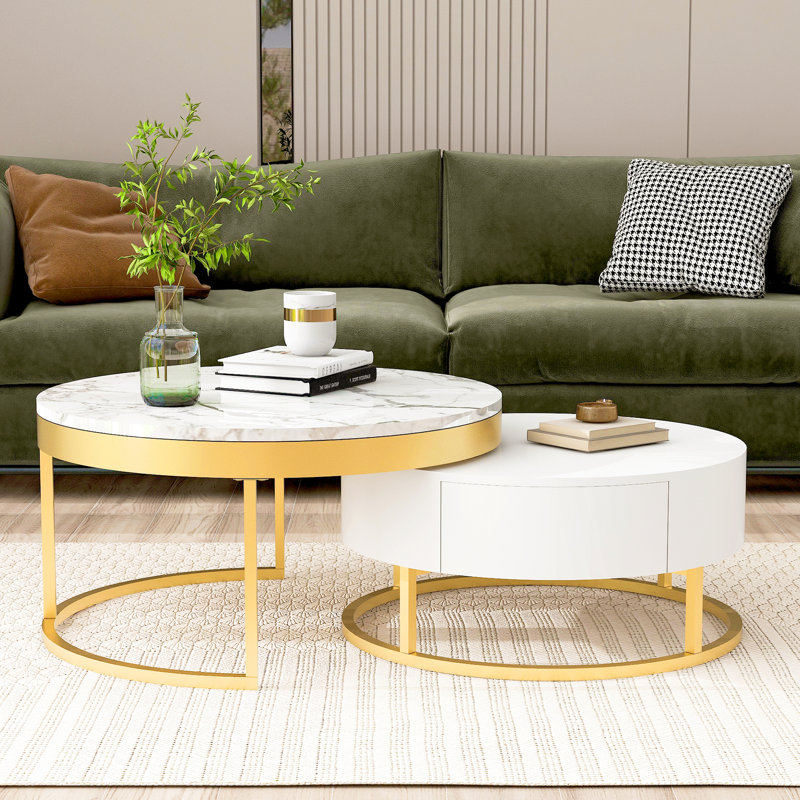 Table basse ronde moderne avec gigognes et tiroirs en ton doré et blanc