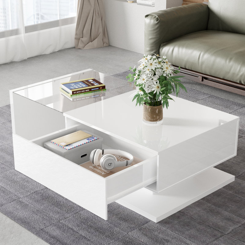Omer Frame Coffee Table with Storage, White Top/White Base