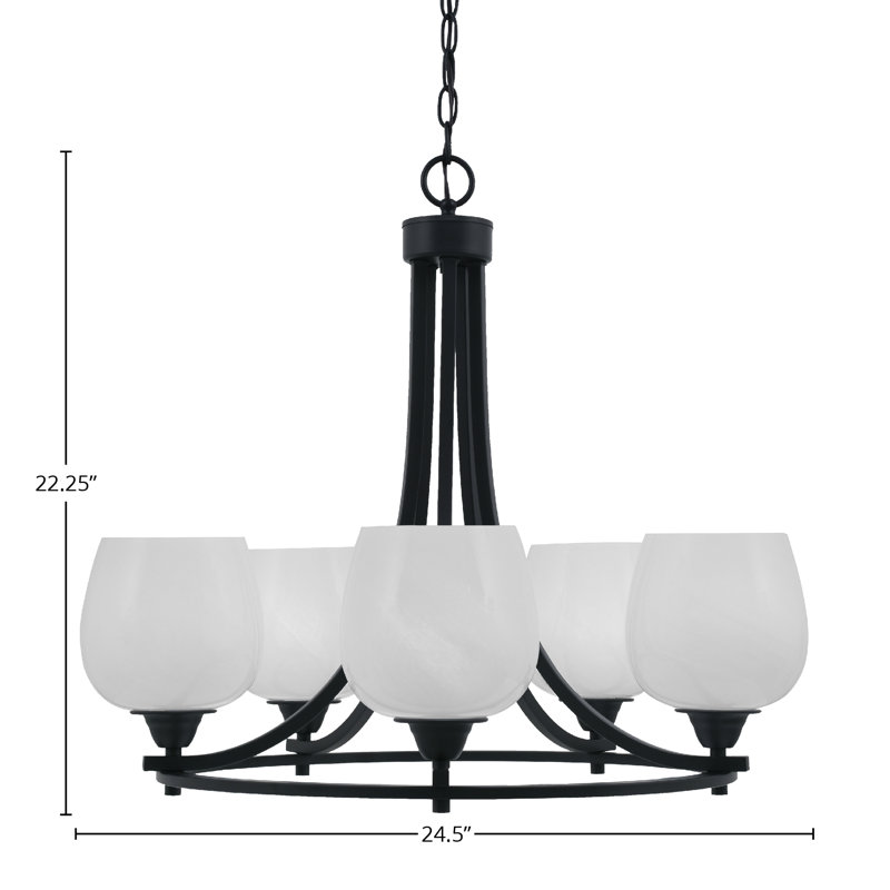 Lustre 5 lumières avec verre 6 "Paramount, Noir mat, Blanc