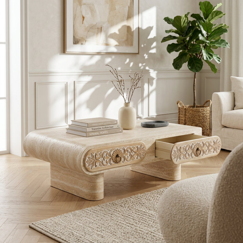 Rounded Edge Coffee Table with Floral Pattern Solid Wood Drawer