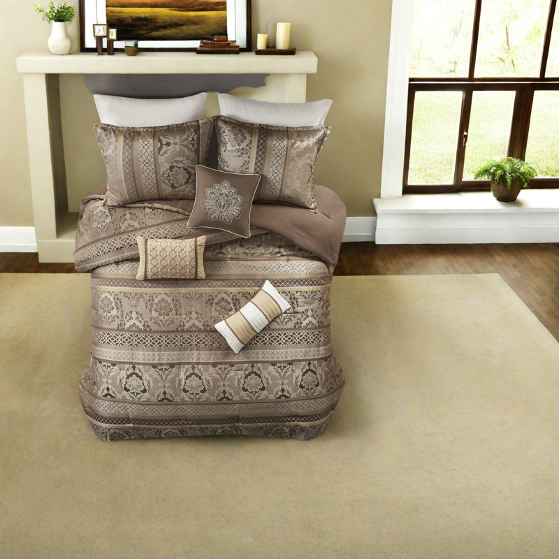 Ensemble de literie luxueux 7 pièces en jacquard brun et doré