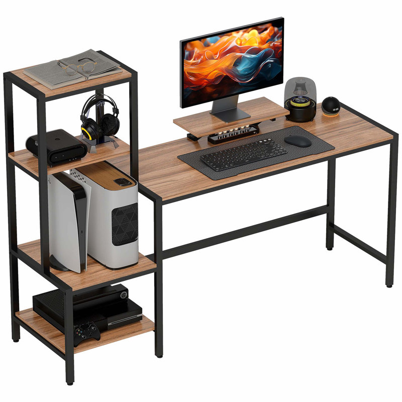 Brown Industrial Style 67" Reversible Home Office Computer Desk, Equipped With Monitor Stand, Printer & CPU Storage Rack, Practical Household Writing Table