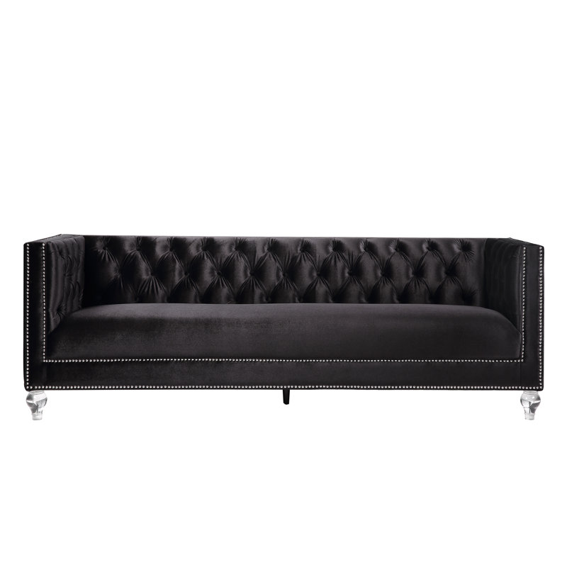 Zilla Upholstered Sofa with 2 Pillows in Burgundy, Black Velvet