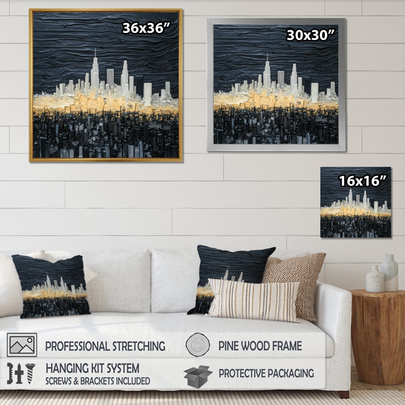 «White and Gold Los Angeles Cityscape», impression d'art mural blanc, H 30 po x l 30 po, Toile tendue, Ne s’applique pas