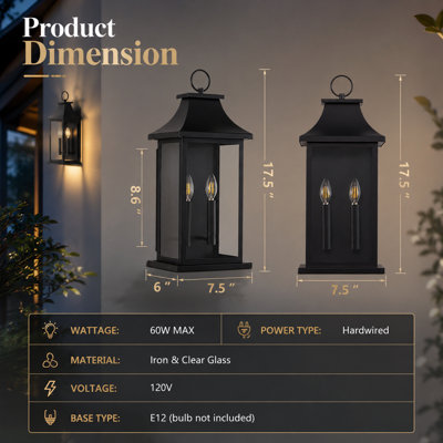 2-Light 17.5"h Black Outdoor Wall Light,Wall Lantern Sconce With Clear Glass