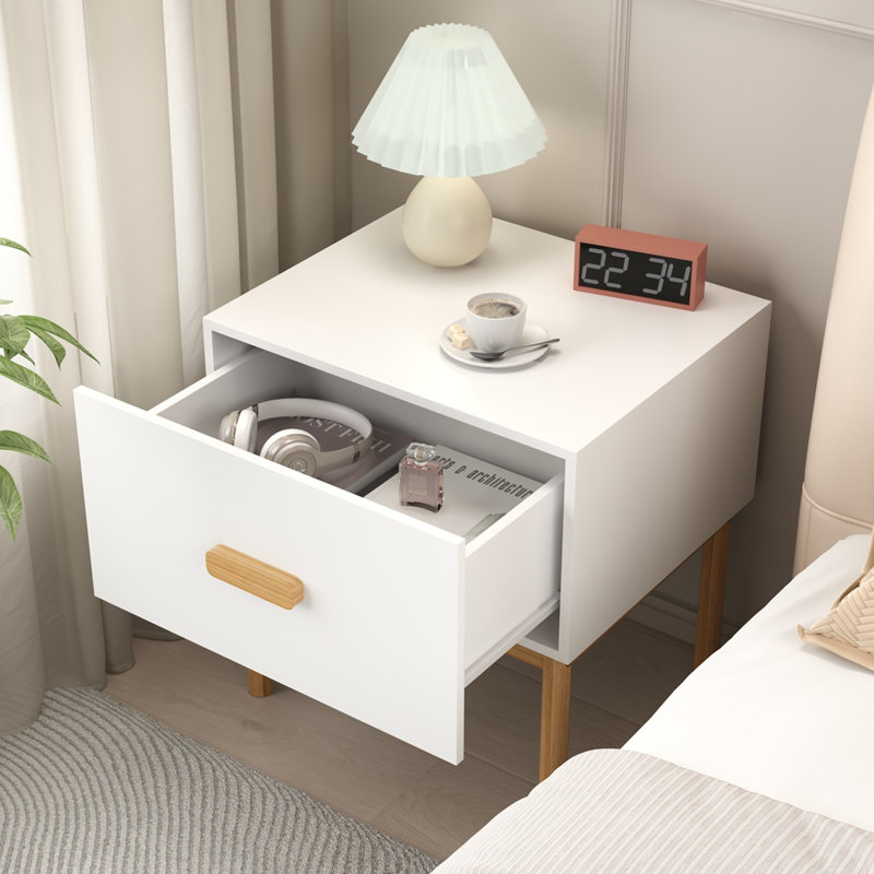 Table de chevet blanche moderne avec tiroir et pieds en bois, table de chevet minimaliste avec poignée pour chambre à coucher, salon, appartement