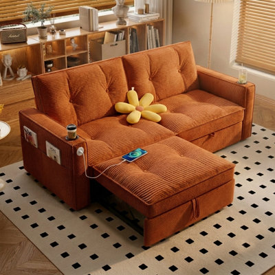 Canapé-lit convertible de 73,2 po, canapé-lit 2 en 1 avec lit escamotable, canapé en velours côtelé pour salon, chambre à coucher, appartement et petits espaces, orange