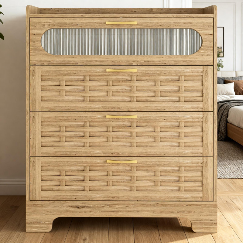 Commode moderne en bois à 4 tiroirs avec poignées dorées